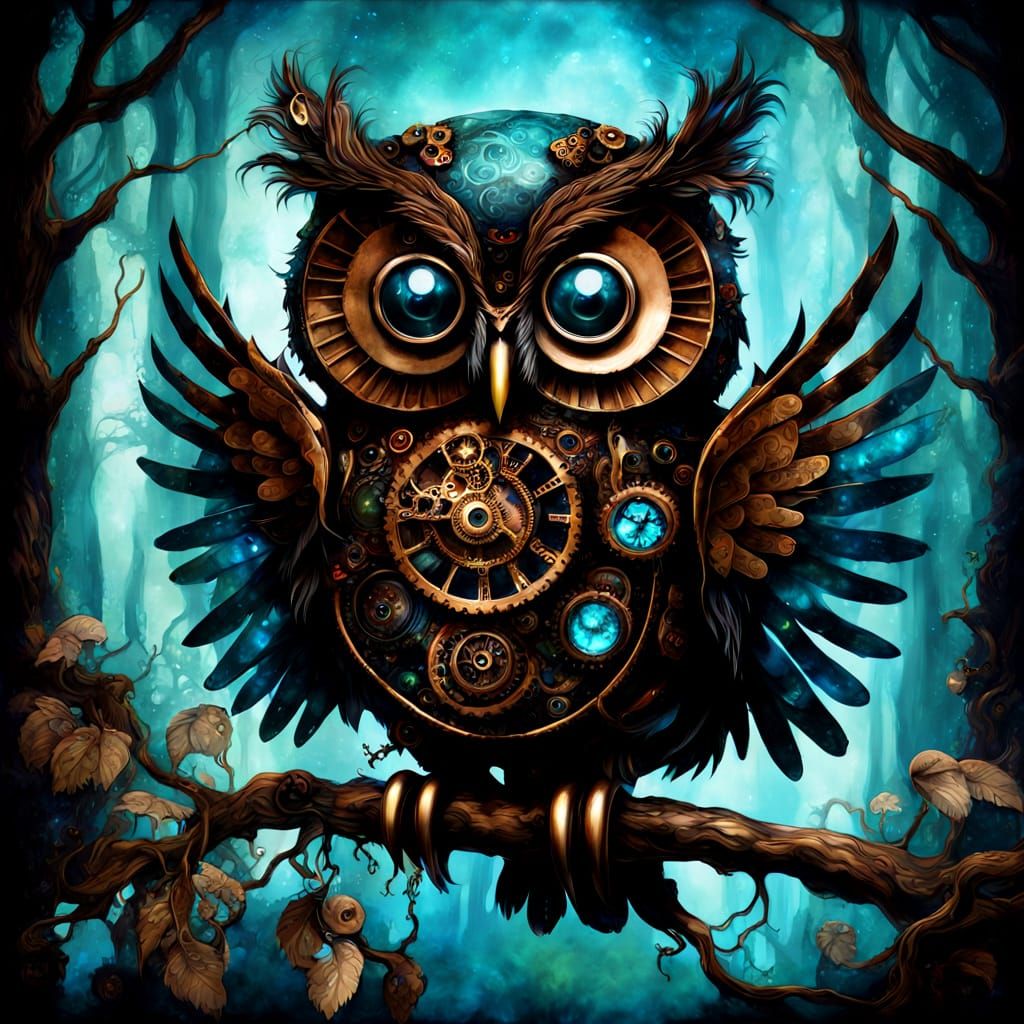 Steam Powered Steampunk Owl in an Enchanted Forest