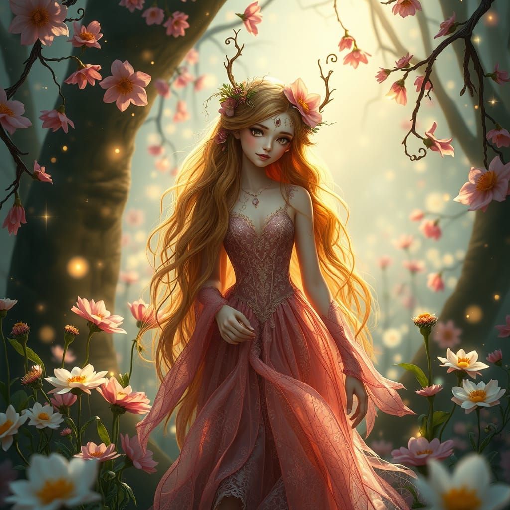 Mystical Dryad in Spring Glade: Dreamlike Illustration