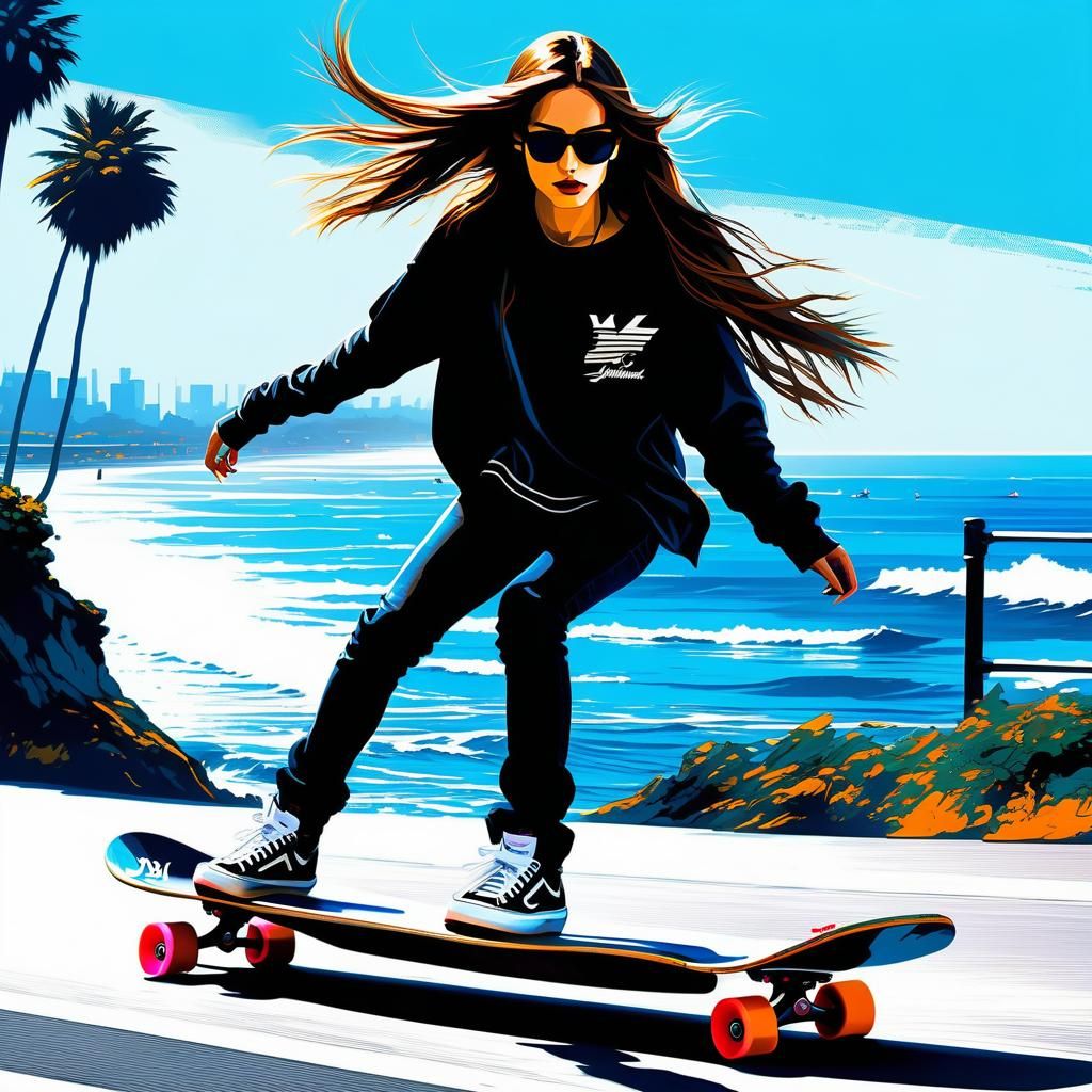Skateboarder Girl Rides the Streets, Digital Painting