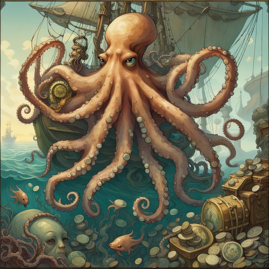 Art Nouveau Octopus Guards Sunken Treasure