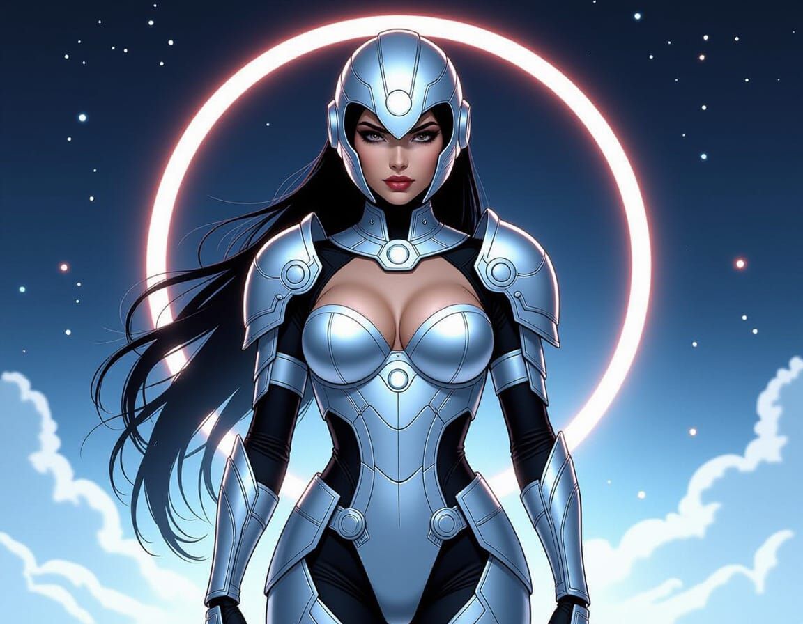 Futuristic Armored Woman in Neon-Lit Cosmic Scene