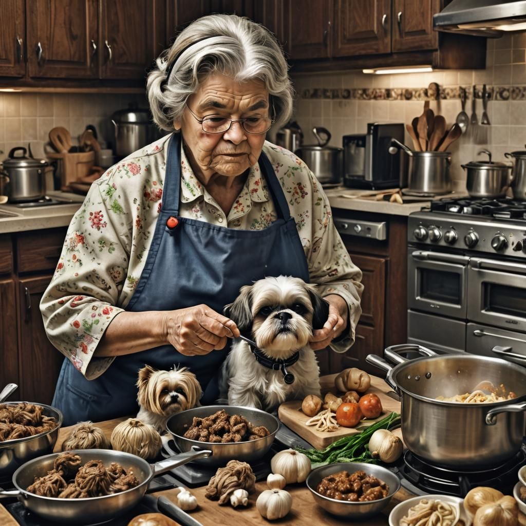 Granny and Shih Tzu Cook Dinner: Hyperrealistic
