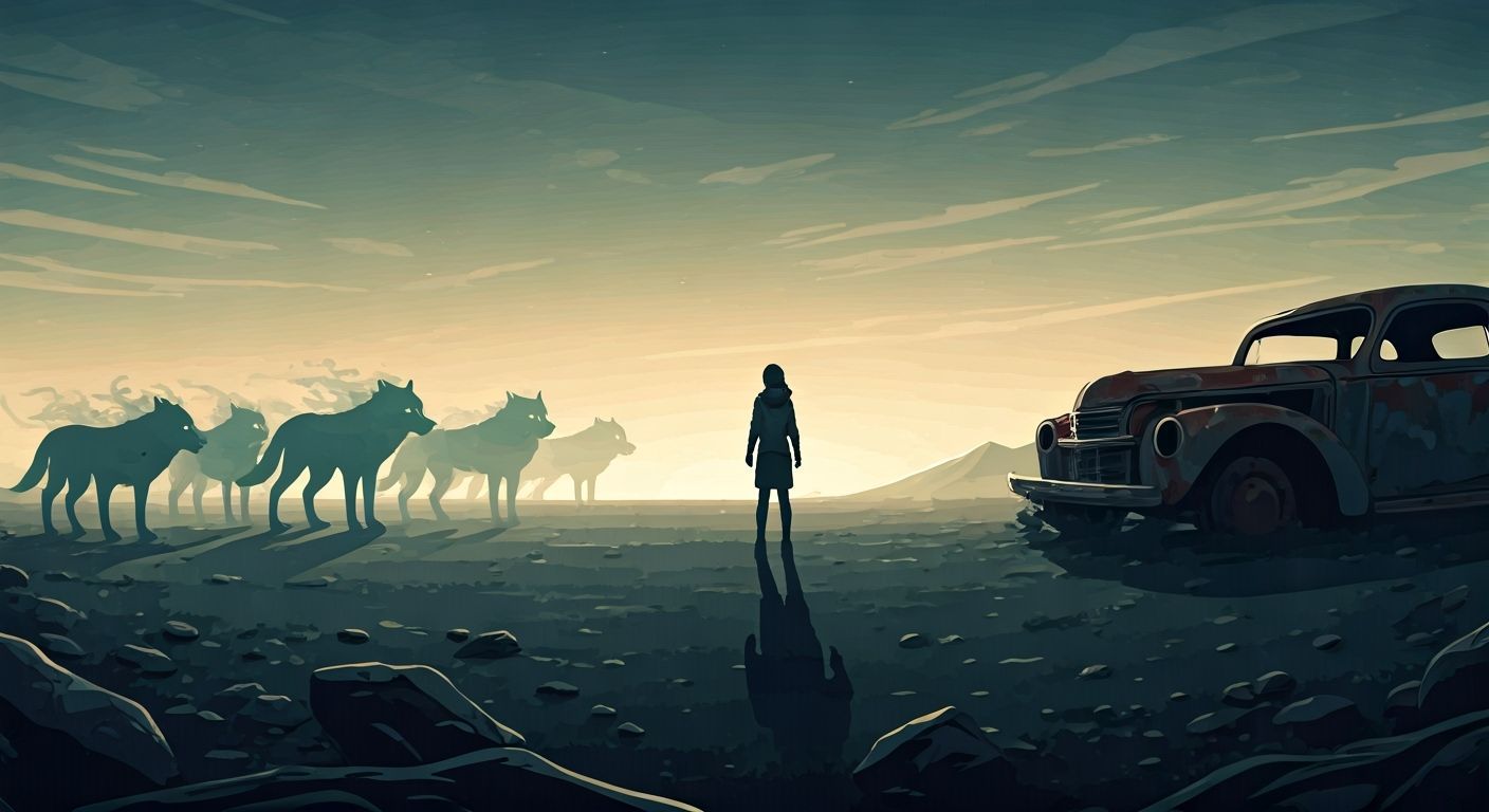 Woman Defies Spectral Wolves in Desolate Twilight Landscape