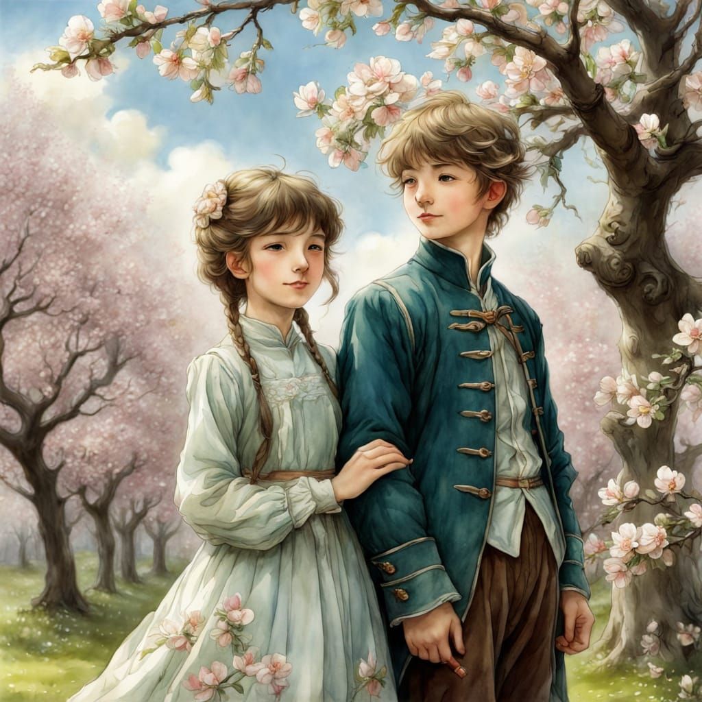 Whimsical Watercolor Orchard Scene in Anime Style