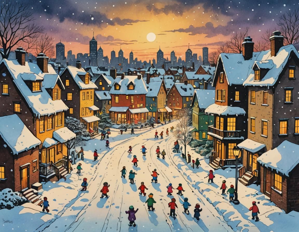 Snowflakes Fall on City Outskirts in Pen and Ink