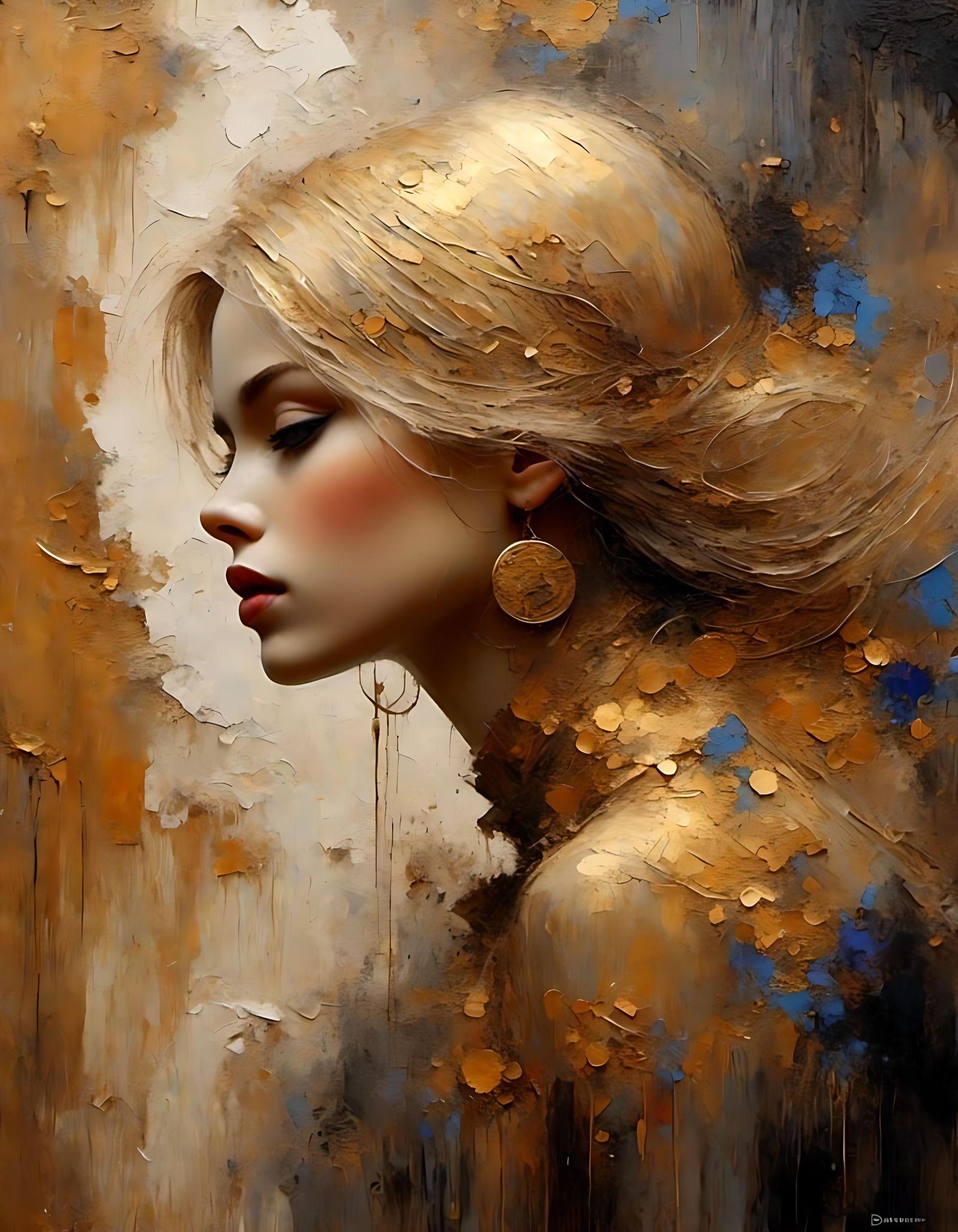 Golden Haired Figure Amid Crimson Architecture