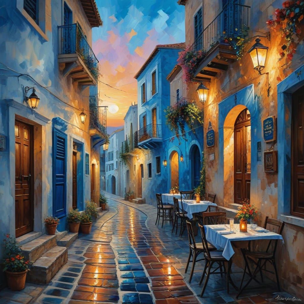Idyllic Greek Seaside Street in Vibrant Impasto Style