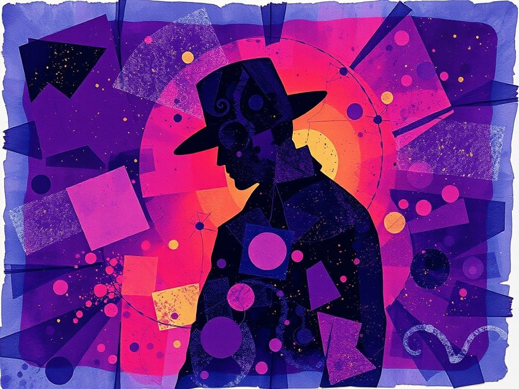 Mysterious Man in Hat with Geometric Cyanotype Effect