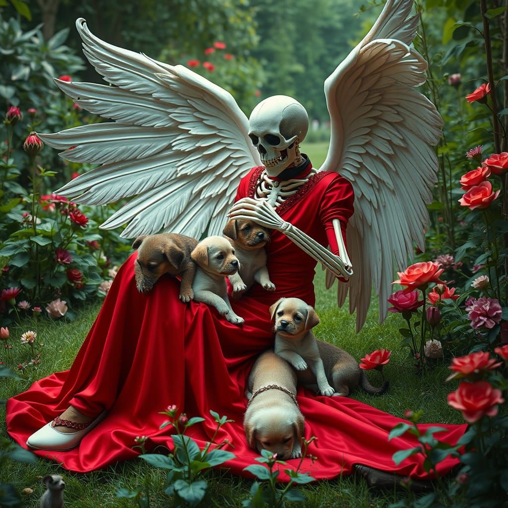 The Angel of Death Plays with Puppies in a Whimsical Garden