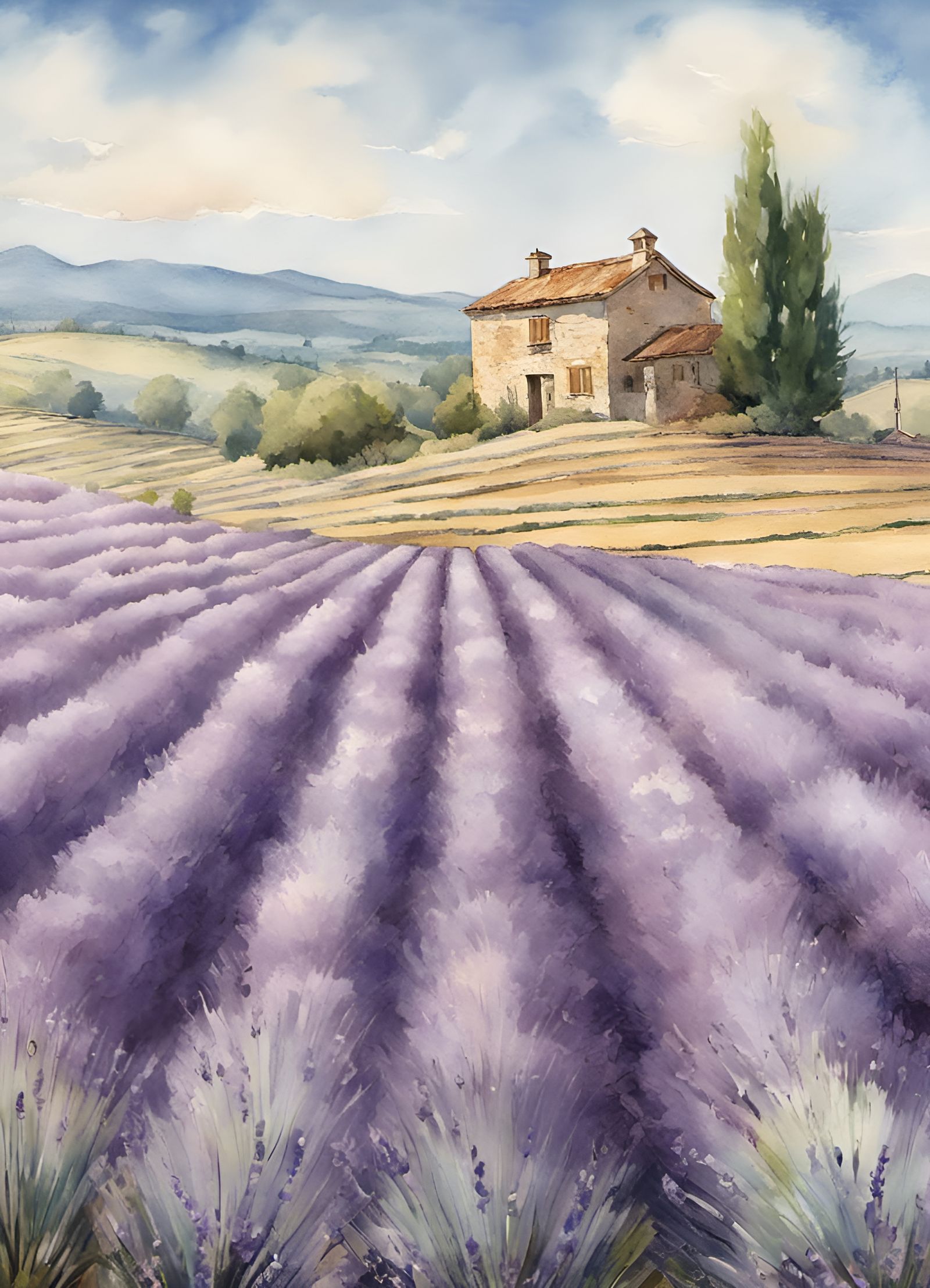 Lavender Fields of Provence in Watercolor Style