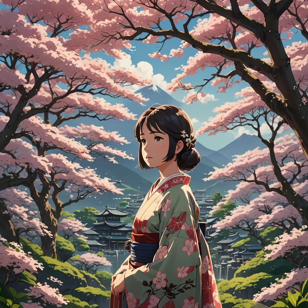 Kimono Girl Under Dogwood, Studio Ghibli Style