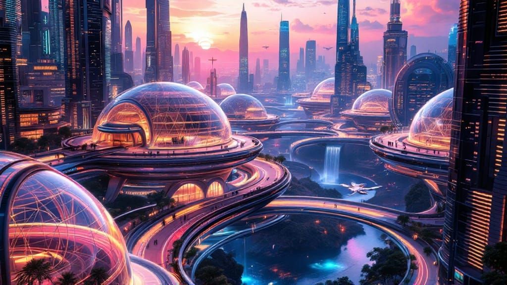 Glowing Futuristic Metropolis of Interconnected Domes