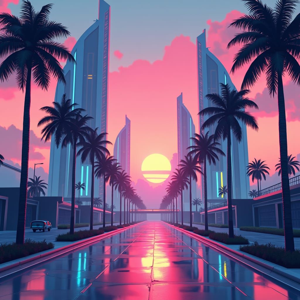 Retrofuturistic Sunset Cityscape in 8-bit Style