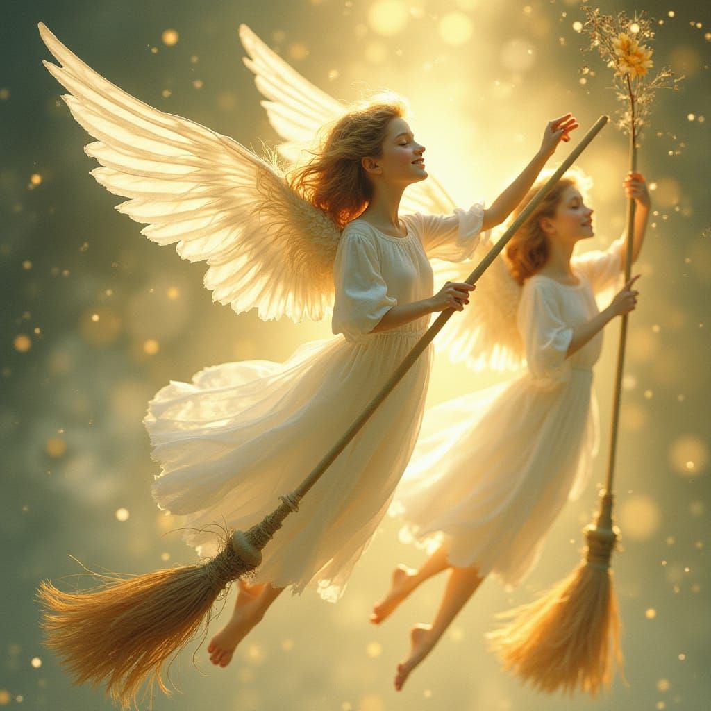 Angels Sweep with Feather Brooms in Dreamy Light