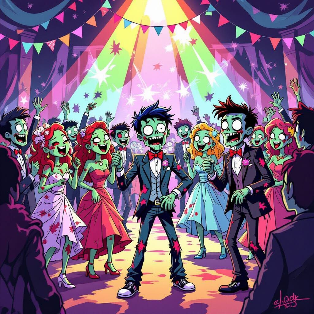 Zombie Teens Celebrate at a Lively Prom in Cartoon Style