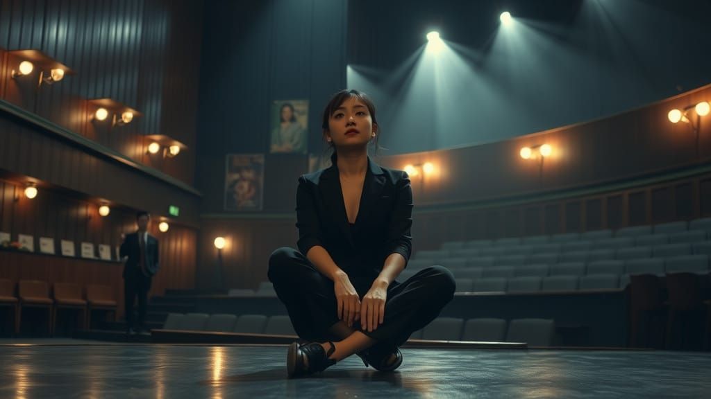 Actress Prepares for Spotlight in Atmospheric Theatre