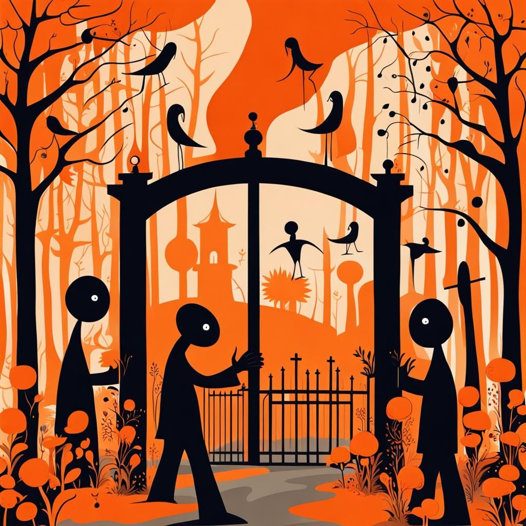 Orange Flower Forest Gates in Style of Joan Miro