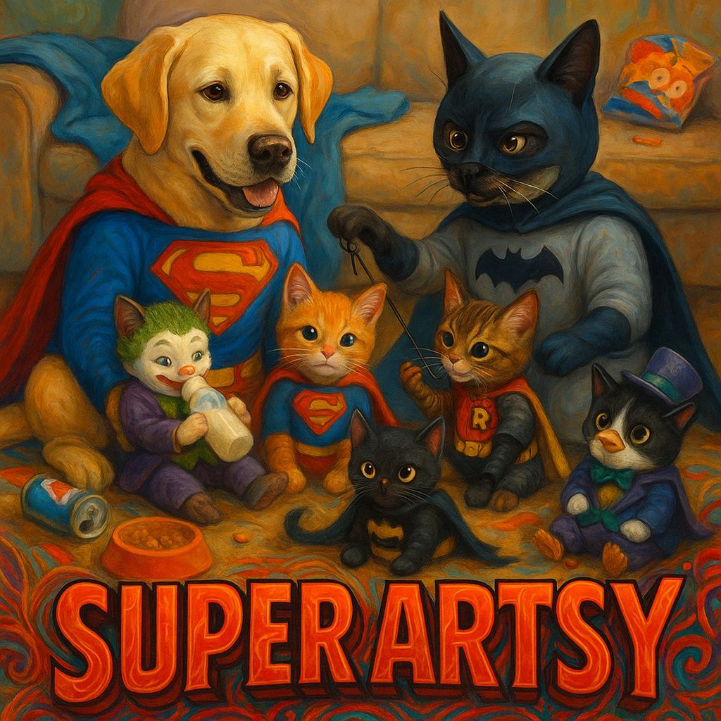 Superman Dog and Batman Cat Co-Parenting Kittens