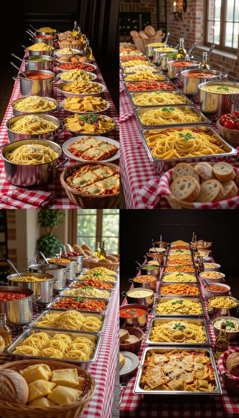 Gourmet Buffet Display: Pasta, Sauces, and Breads