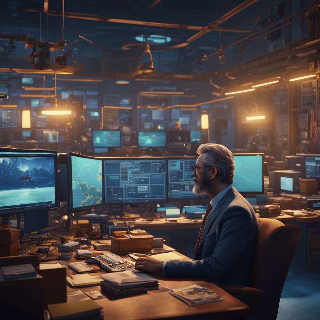 Journalist in Newsroom: Vibrant Oil Painting