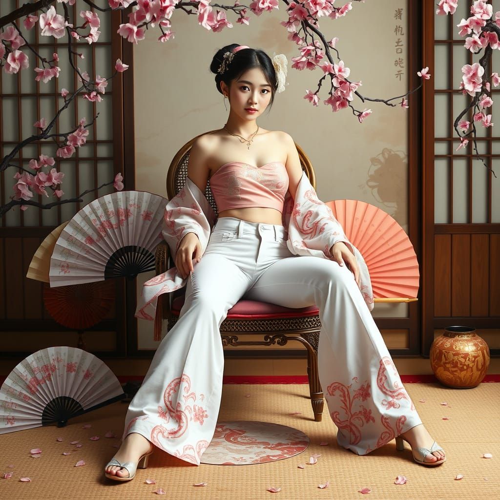 Geisha in Jeans with Cherry Blossoms, Photorealistic Style