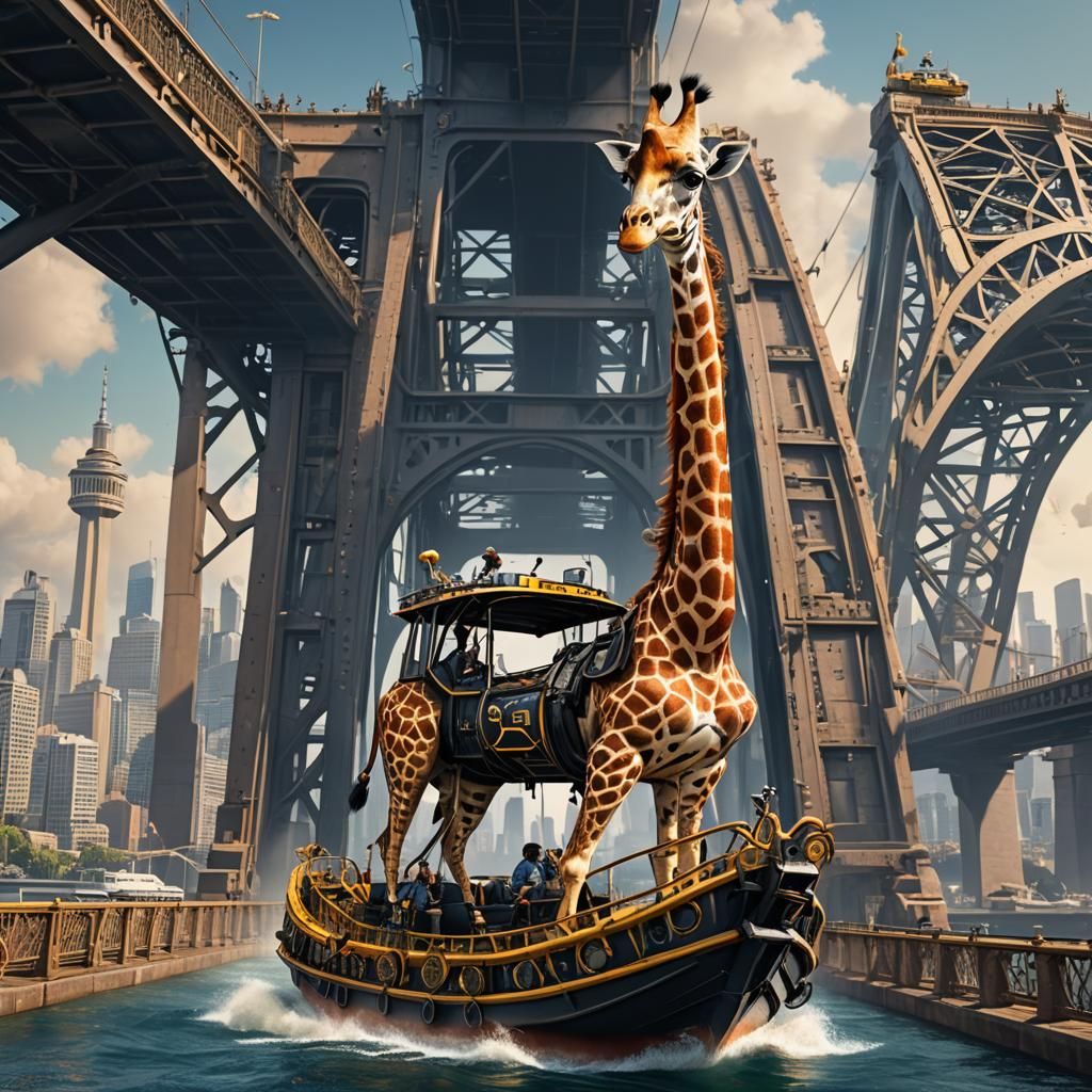 Giraffe on Sydney Harbour Bridge in Caterpillar Boat