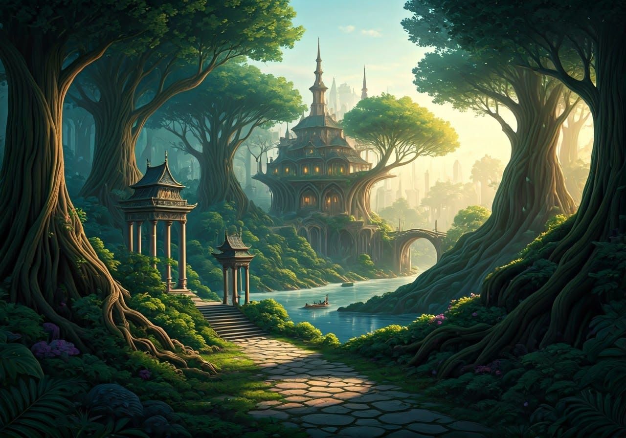 Ethereal Fantasy Cityscape with Glowing Tree Buildings and C...