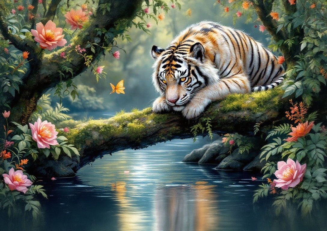 Gentle Exotic Tiger in Pastel and Metallic Fur, Perched on a...