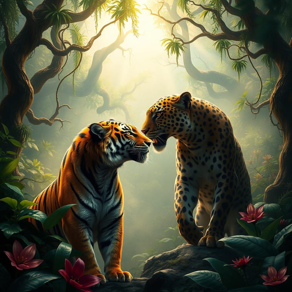 Majestic Tiger and Jaguar Share Mystical Jungle Throne