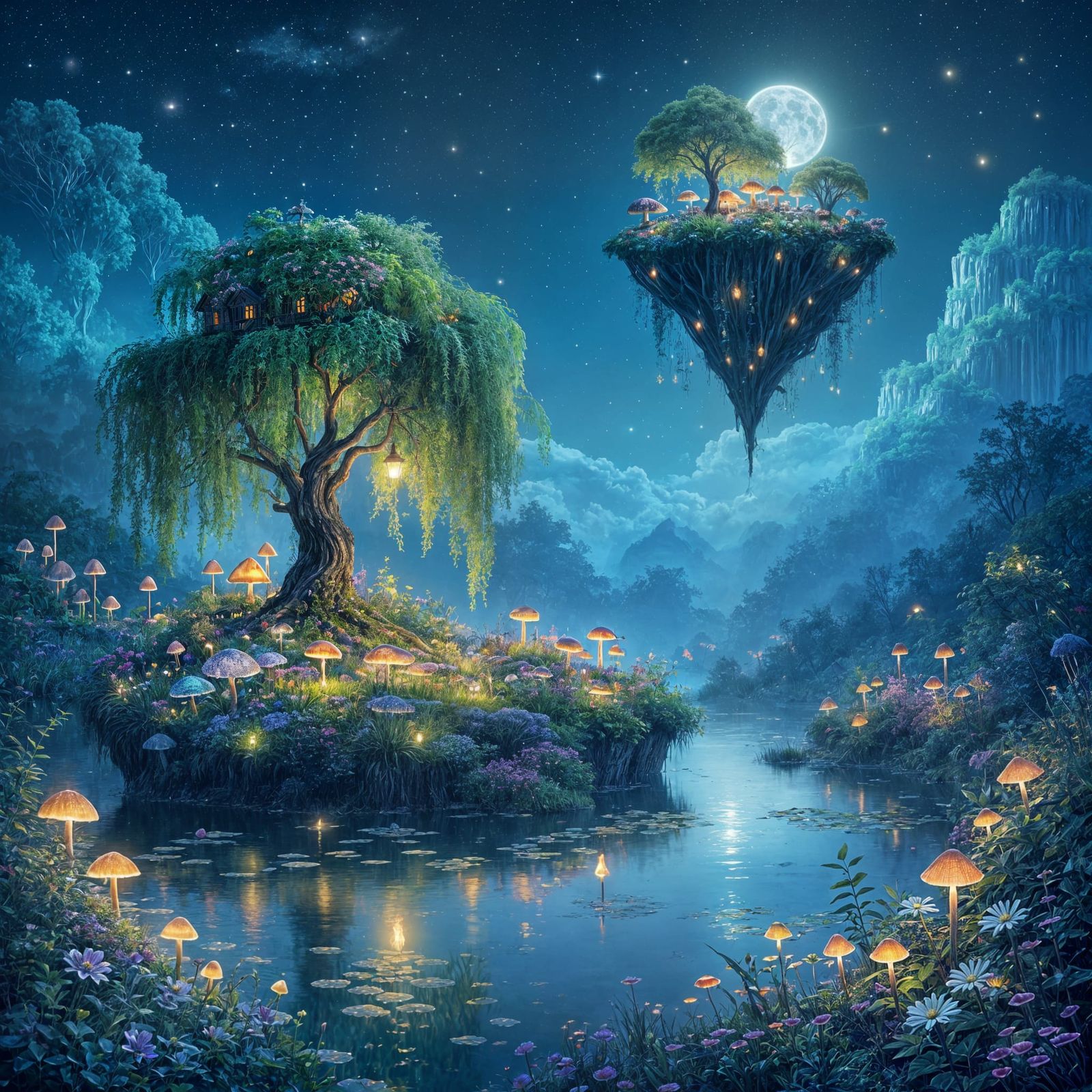 Mystical Garden on Floating Island at Night