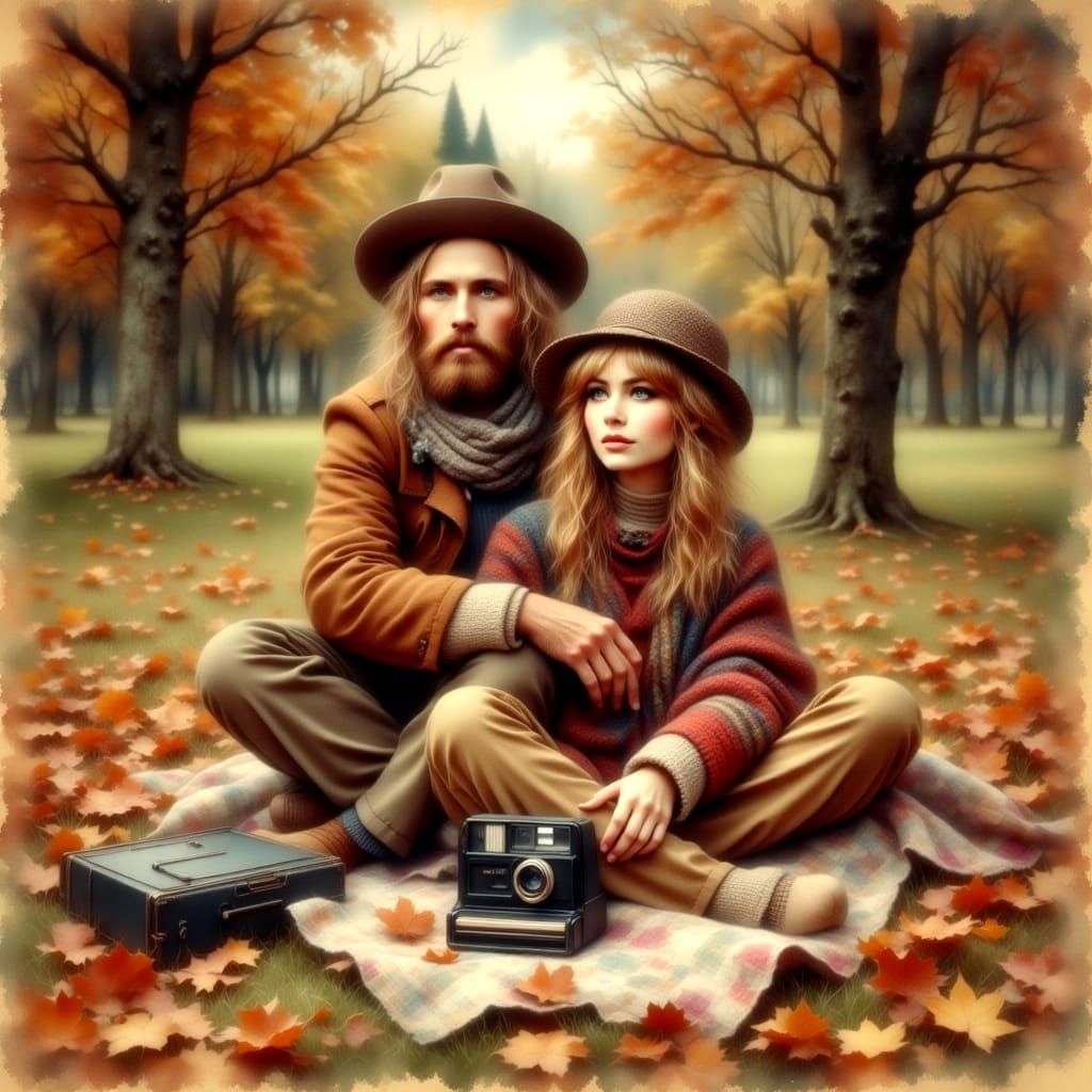 Couple's 1970s Autumn Picnic, Watercolor Style