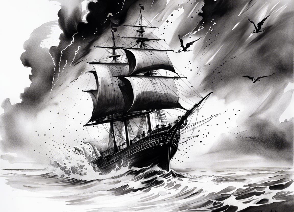 Flying Sailship in Black and White Ink