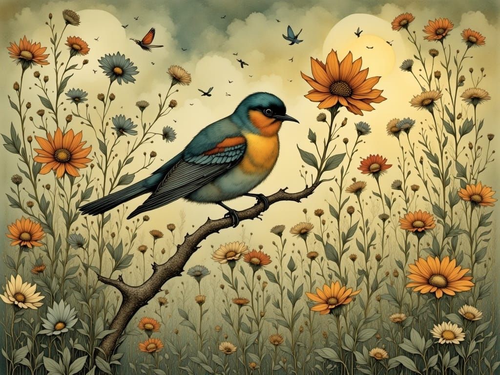 Ethereal Bird in Enchanted Landscape