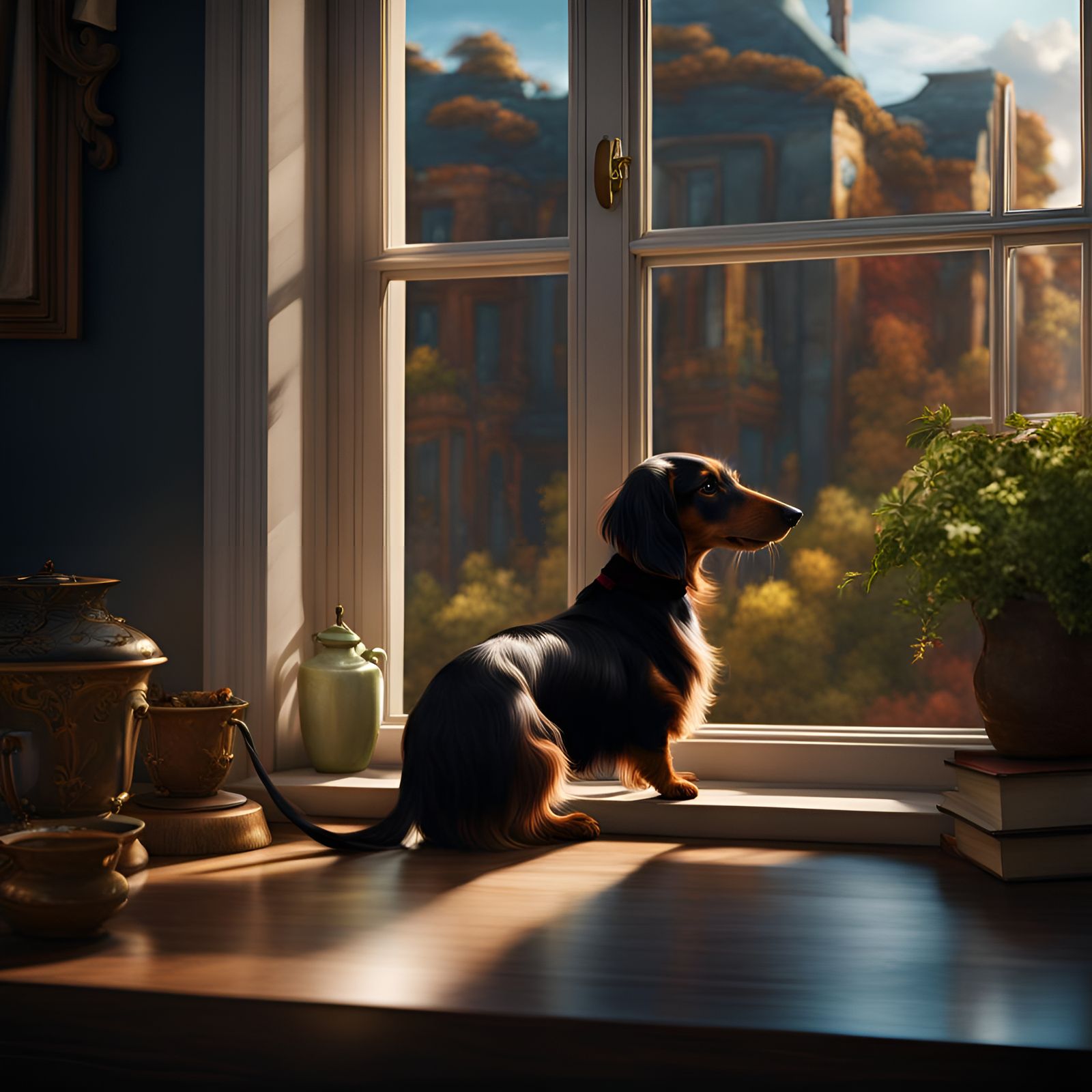 Long-Haired Dachshund Waiting at Window, Detailed Matte Pain...