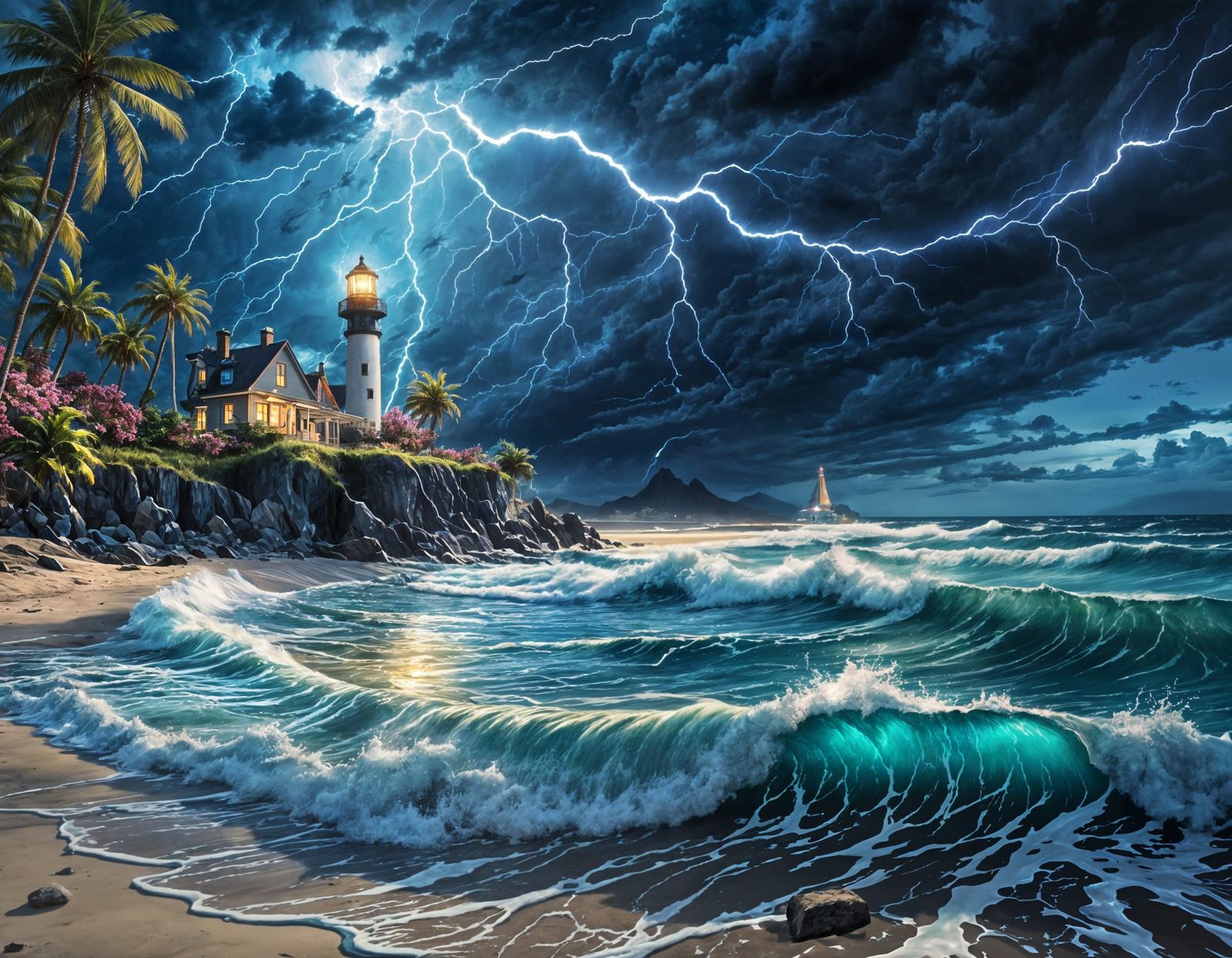 Vivid Beach Scene with Lightning and Holographic Rays