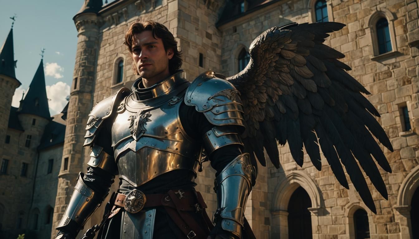 Archangel in Bavarian Castle Armor, Shrouded in Moody Twilig...