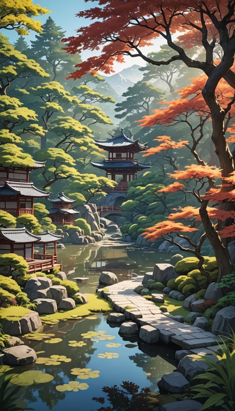 Japanese Garden Morning View in Anime Style