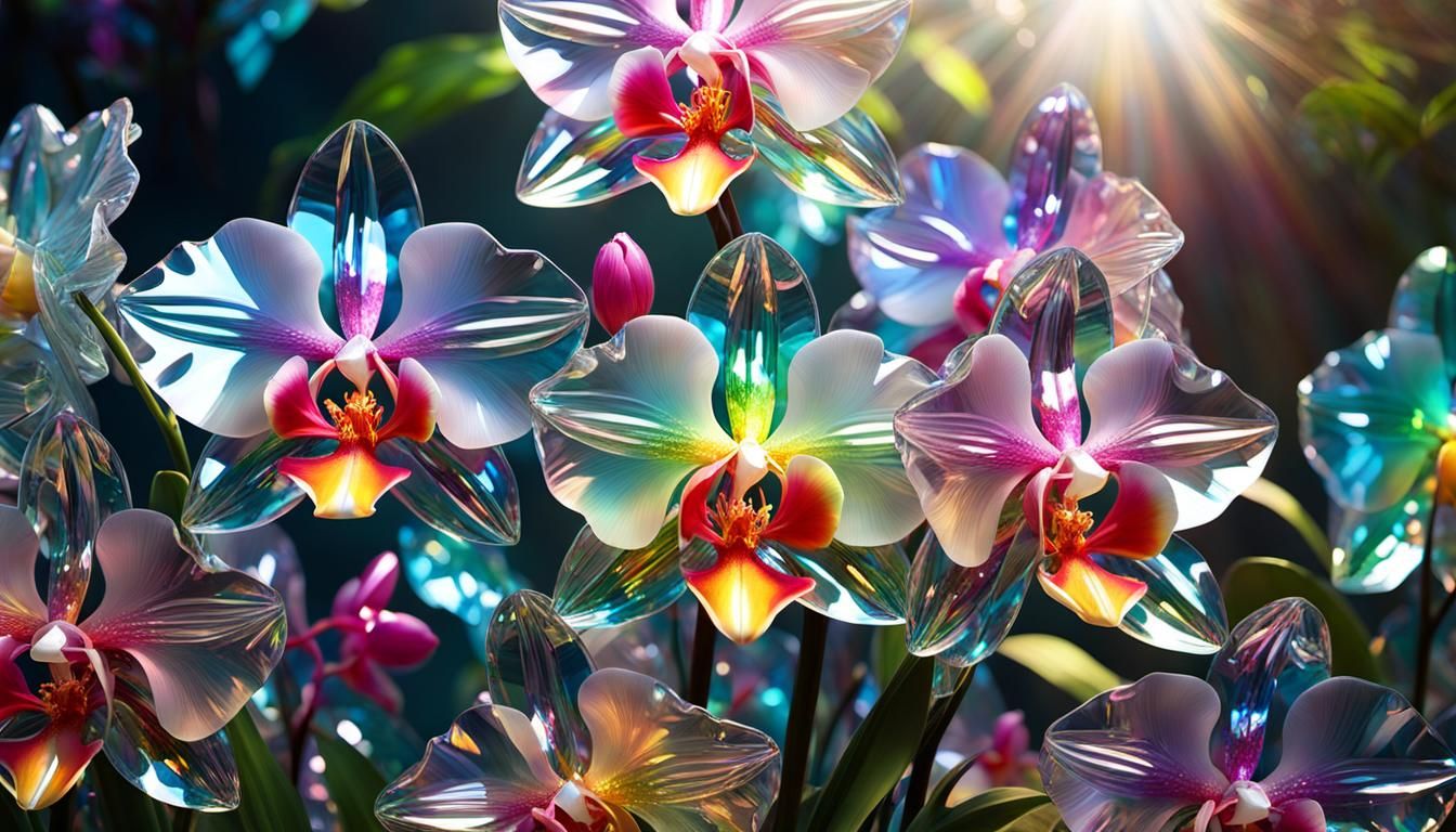 Iridescent Crystal Orchids in a Colorful Forest