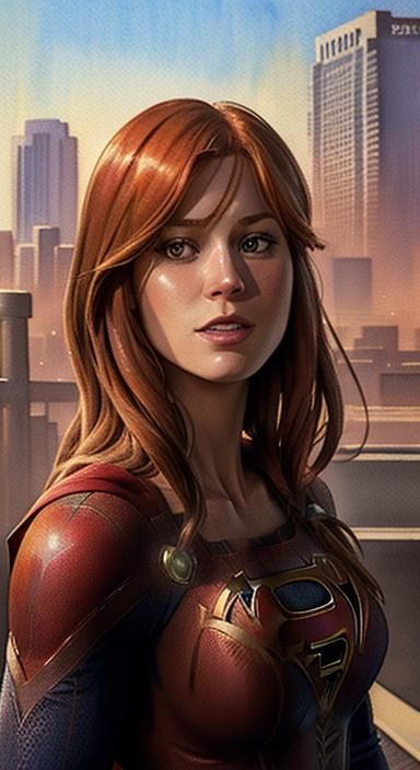 Mary Jane Watson as Supergirl: Redscale Watercolor Portrait