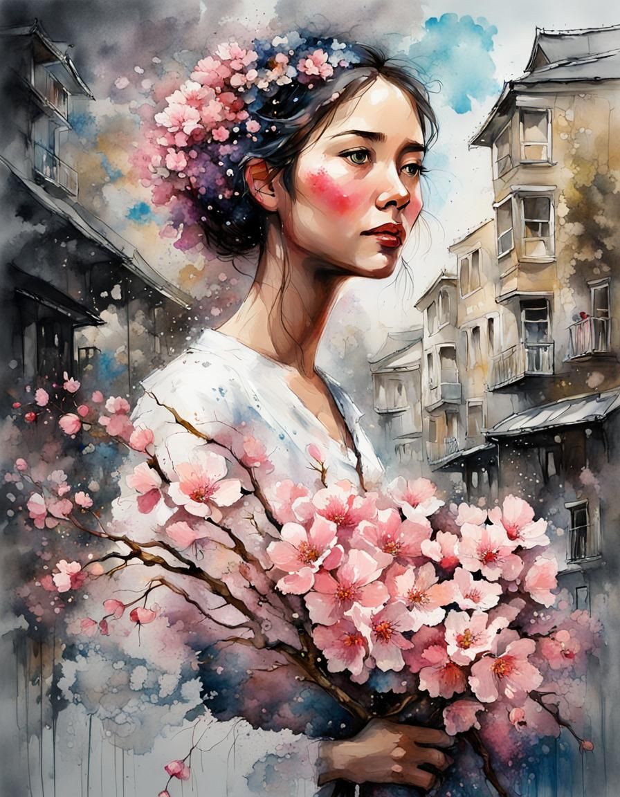 Bride with Cherry Blossom Bouquet: Graffiti Art Style