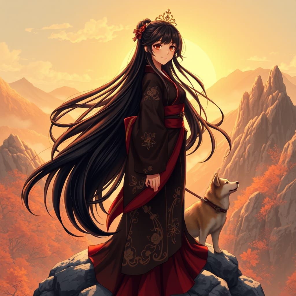 Japanese Superheroine on Mountain with Dog in Anime Style