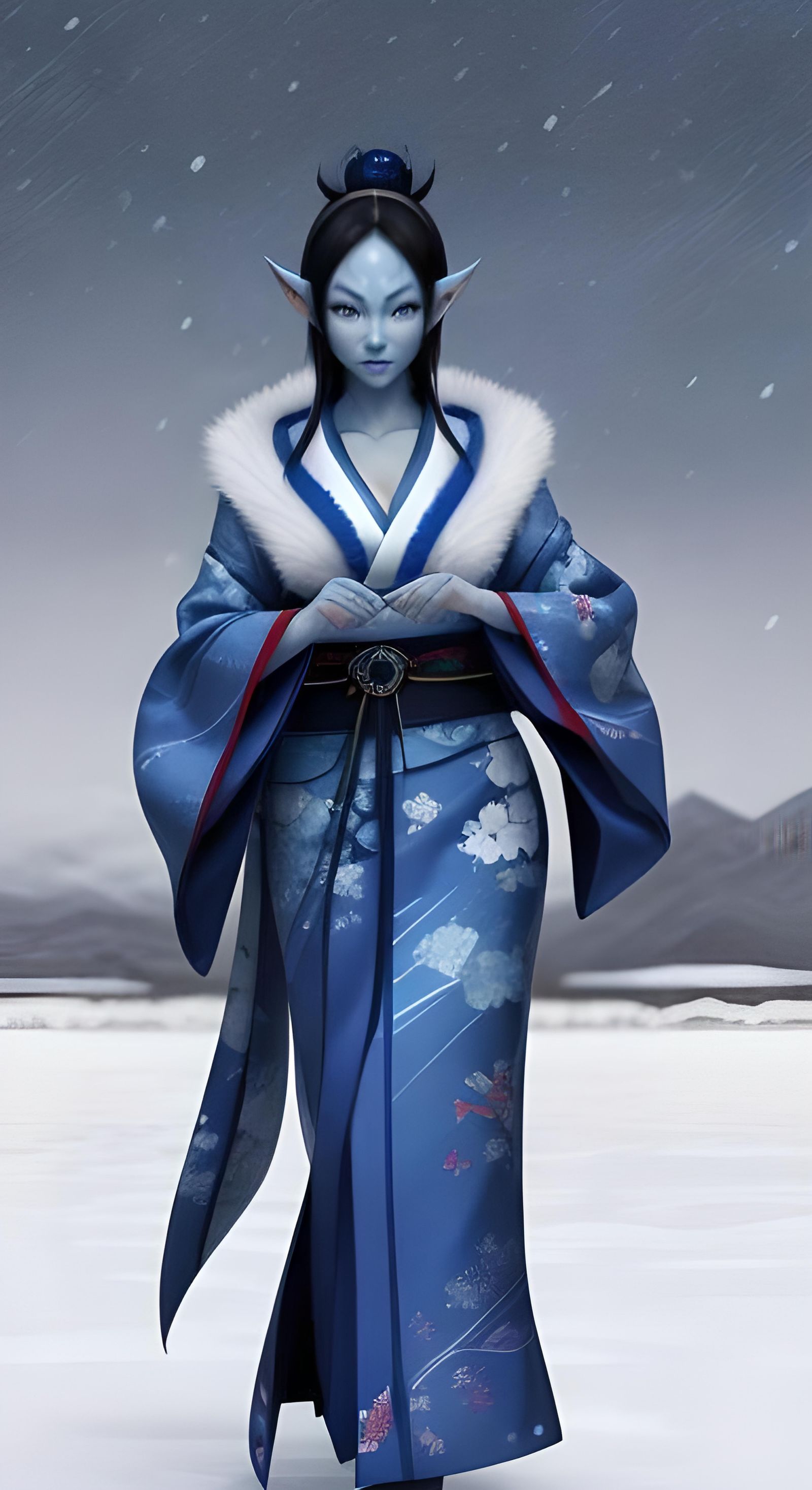 Blue Skinned Elf Woman in Snowy Field