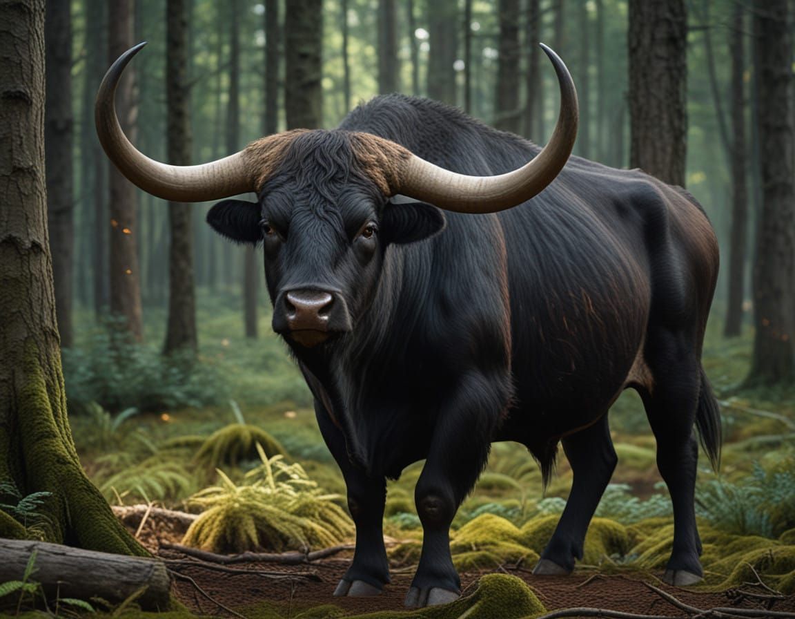 Majestic Aurochs in a Vibrant Forest Scene