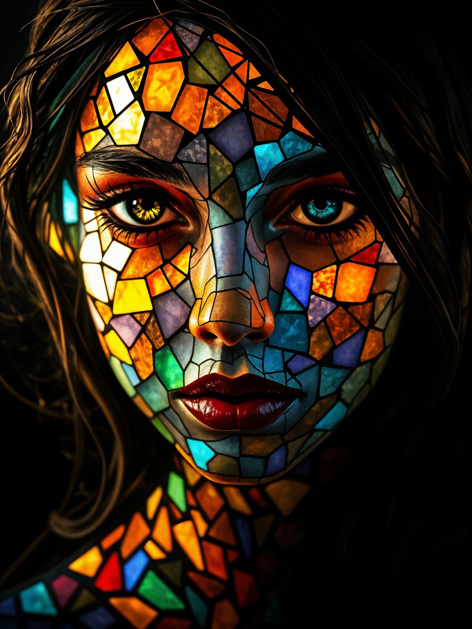 Stained Glass Portrait in a Dark Cave