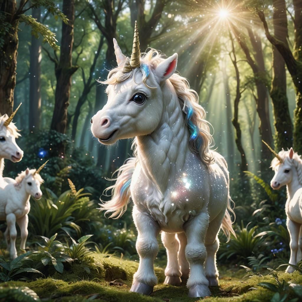 Magical Baby Unicorn in Lush Forest: Hyperrealistic Image