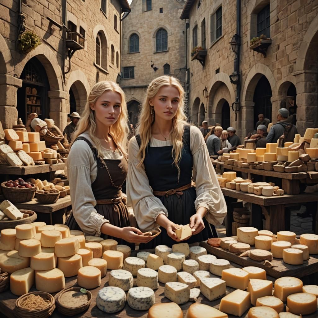 Blonde Girl Selling Cheese at Medieval Market