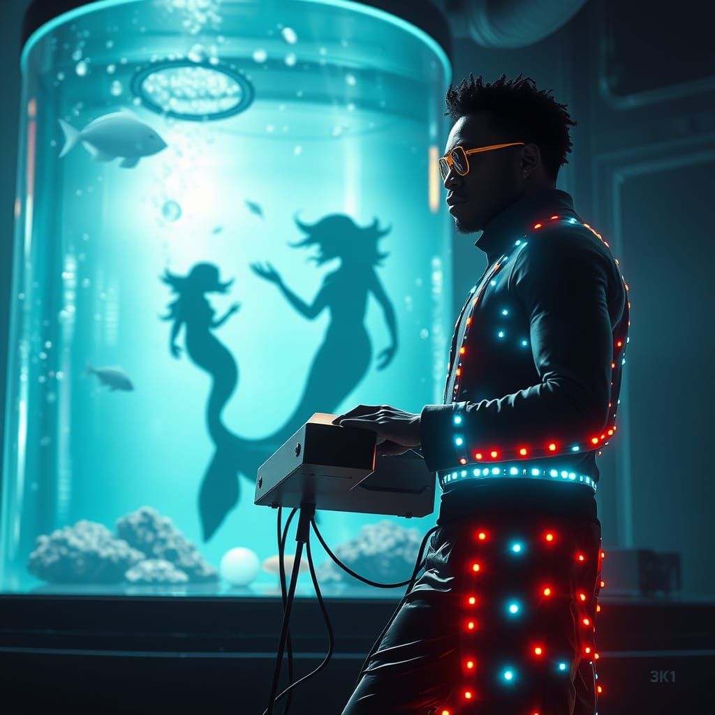 Futuristic Musician in Lab with Mermaid Tank