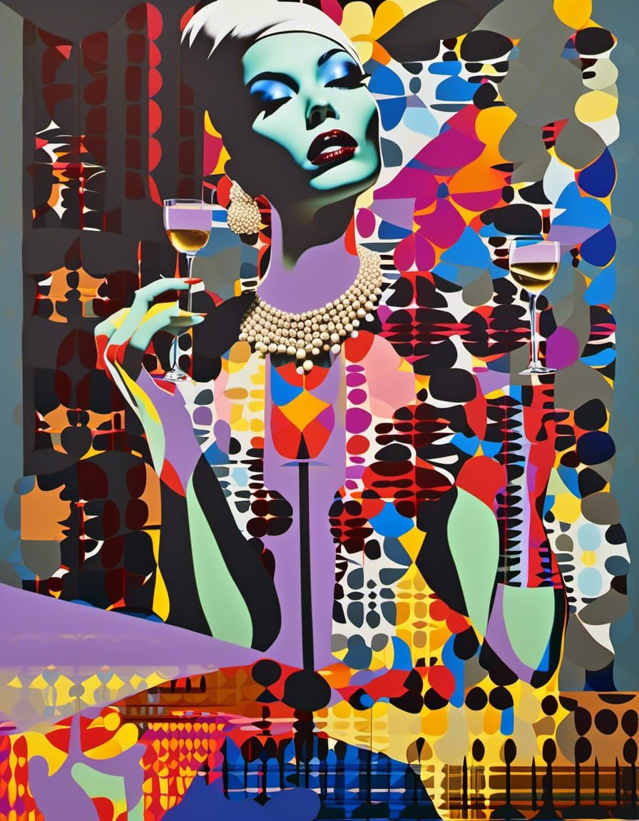 Expressive Woman in Cafe with 3D Painting