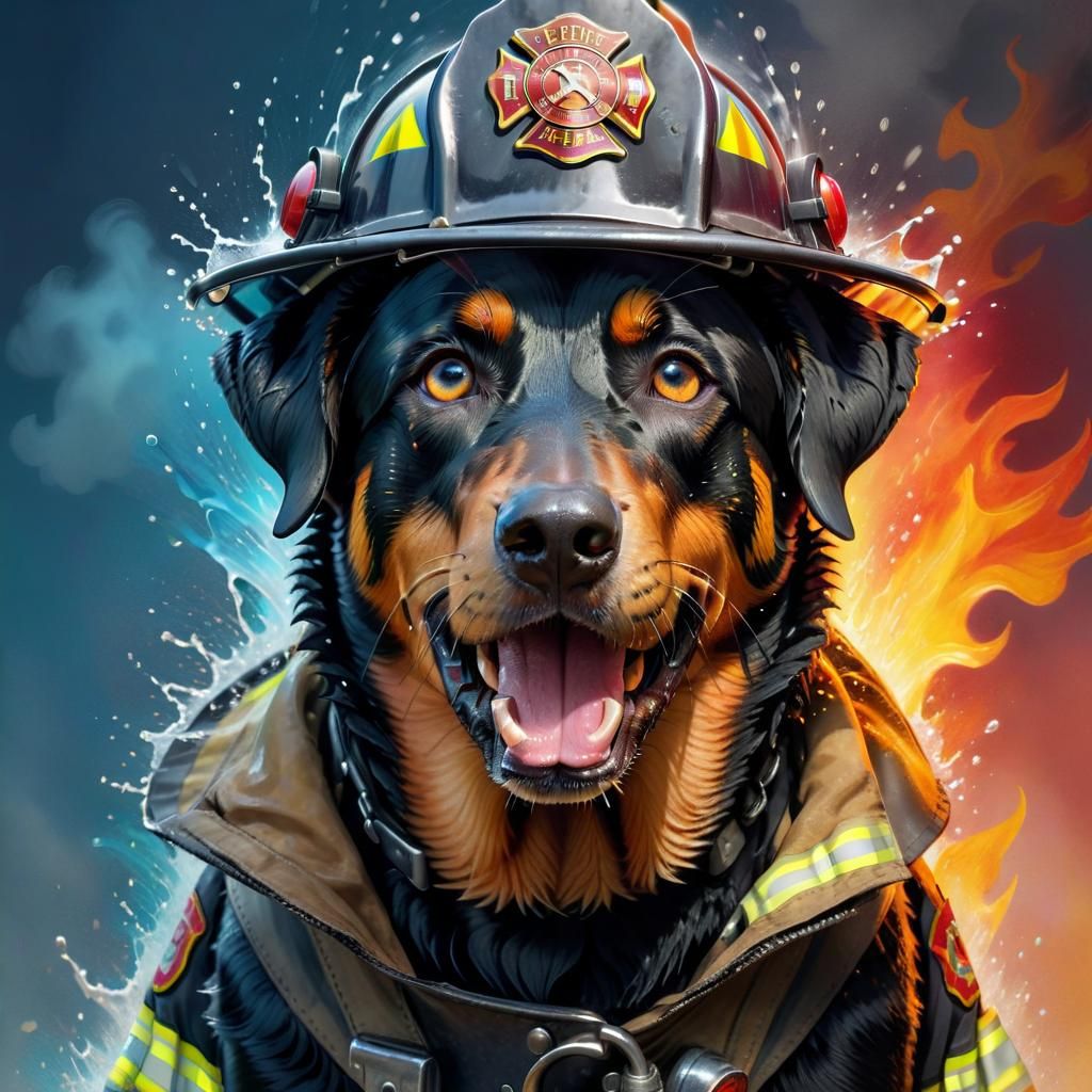 Beauceron Firefighter Dog in Hyperrealistic Splash Art