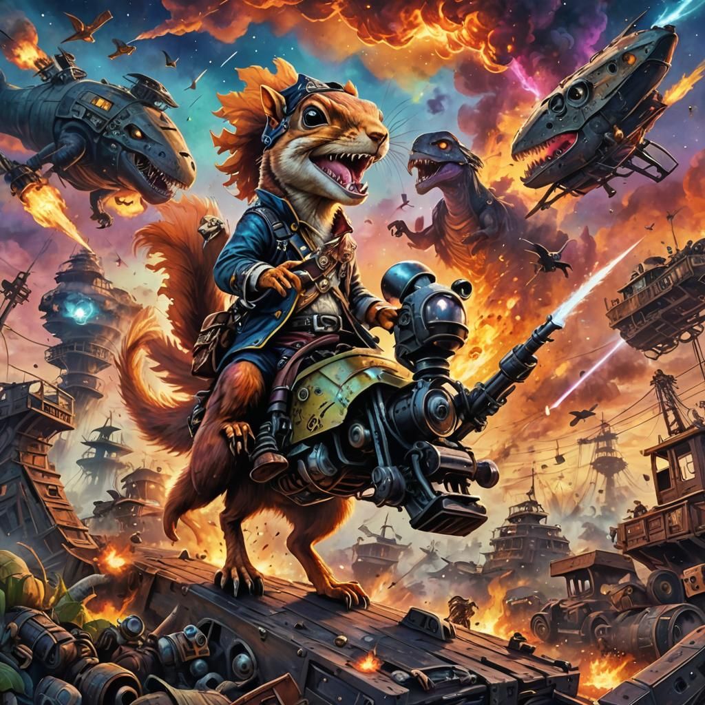 Pirate Squirrel Rides T-Rex in Watercolor Style